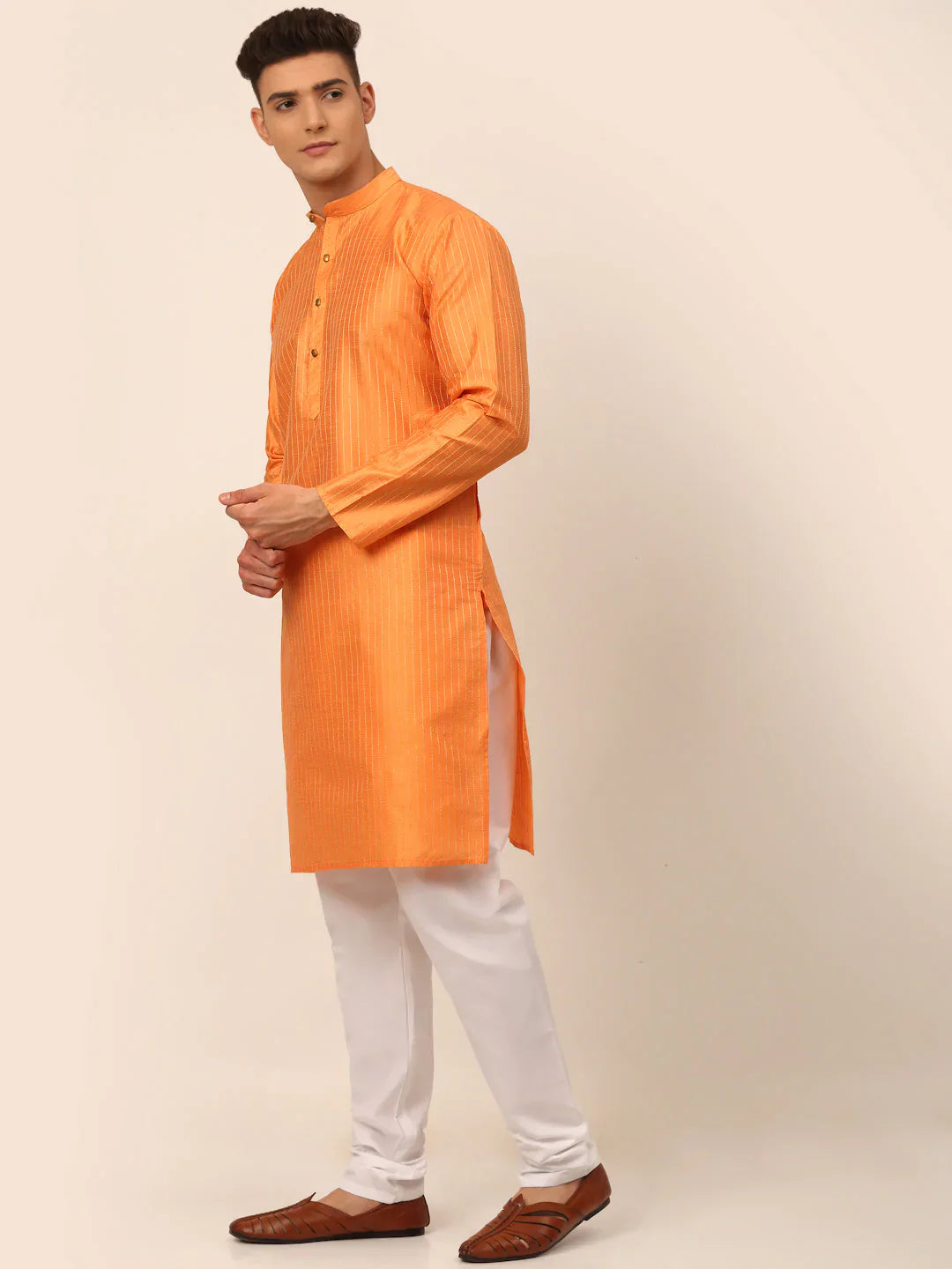 Jompers Men's Peach Striped Pleated Chikankari Kurta pyjama Set - Distacart