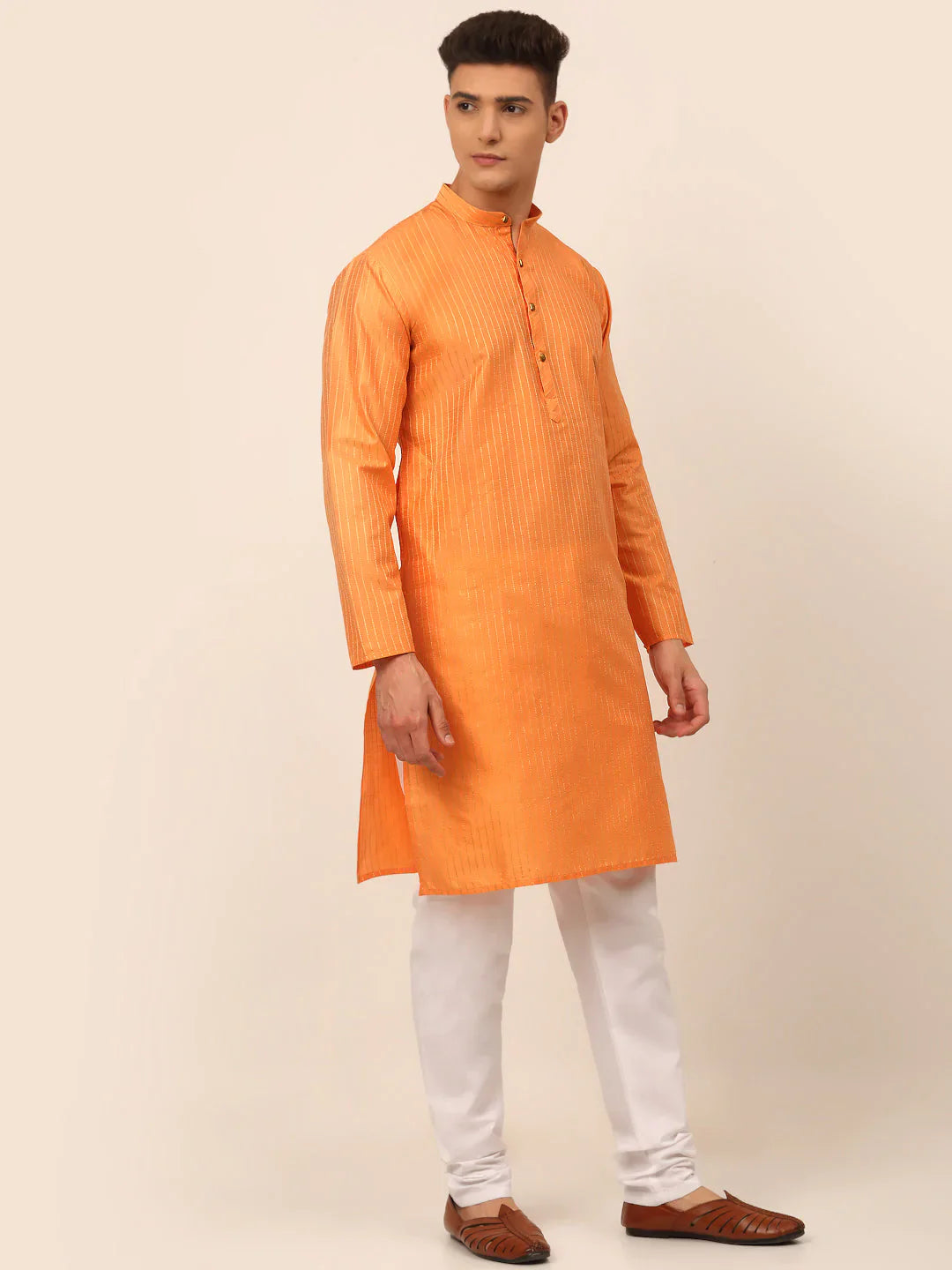 Jompers Men's Peach Striped Pleated Chikankari Kurta pyjama Set - Distacart