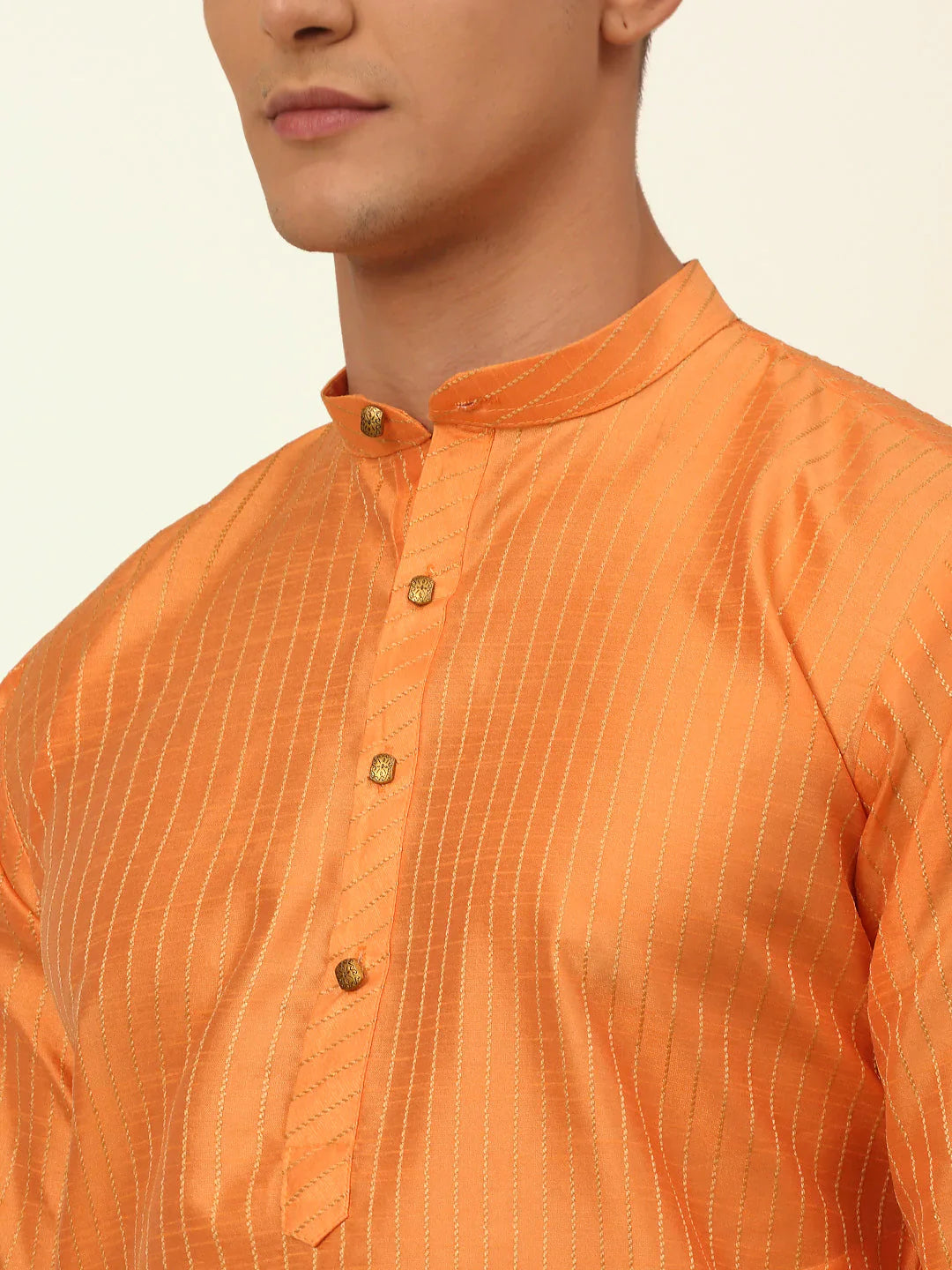 Jompers Men's Peach Striped Pleated Chikankari Kurta Only - Distacart