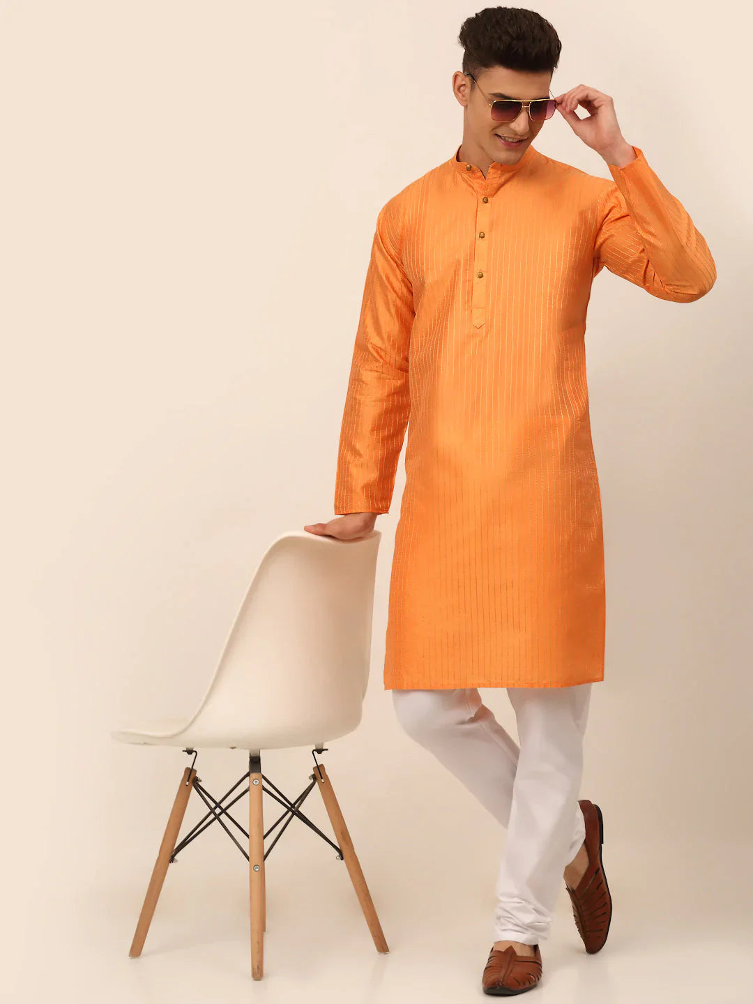 Jompers Men's Peach Striped Pleated Chikankari Kurta Only - Distacart
