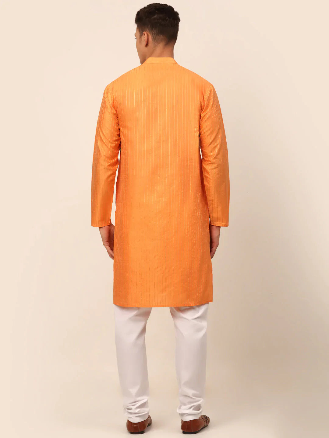 Jompers Men's Peach Striped Pleated Chikankari Kurta pyjama Set - Distacart