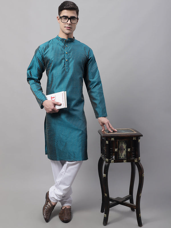 Jompers Men's Peacock Blue Embroidered Design Kurta with Pyjamas - Distacart