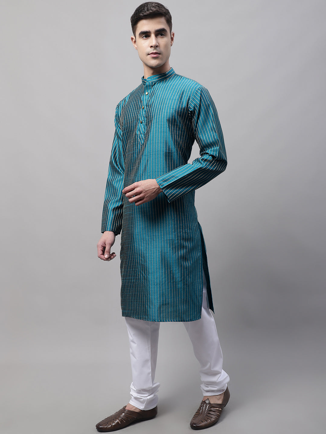 Jompers Men's Peacock Blue Embroidered Design Kurta with Pyjamas - Distacart
