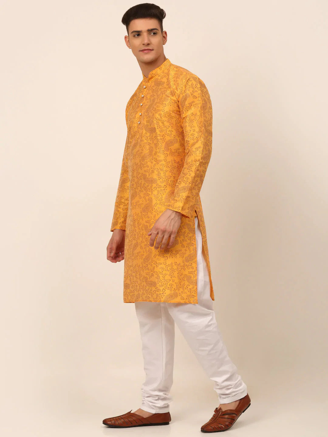 Jompers Men's Mustard Paisley Printed Kurta with Pyjama - Distacart