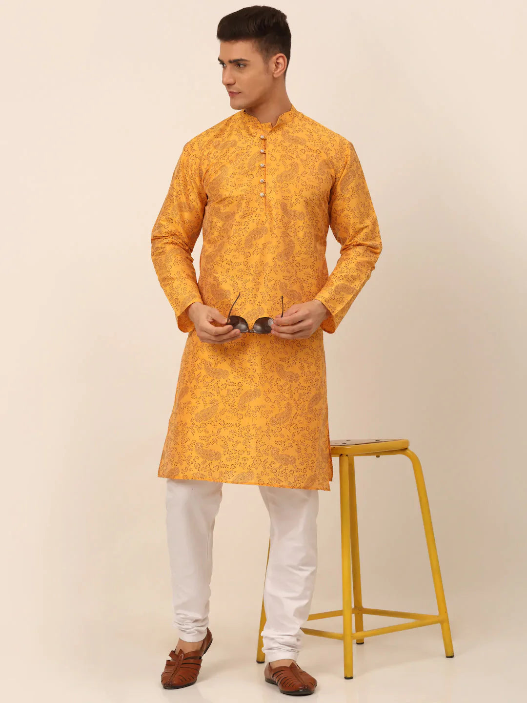 Jompers Men's Mustard Paisley Printed Kurta Only - Distacart