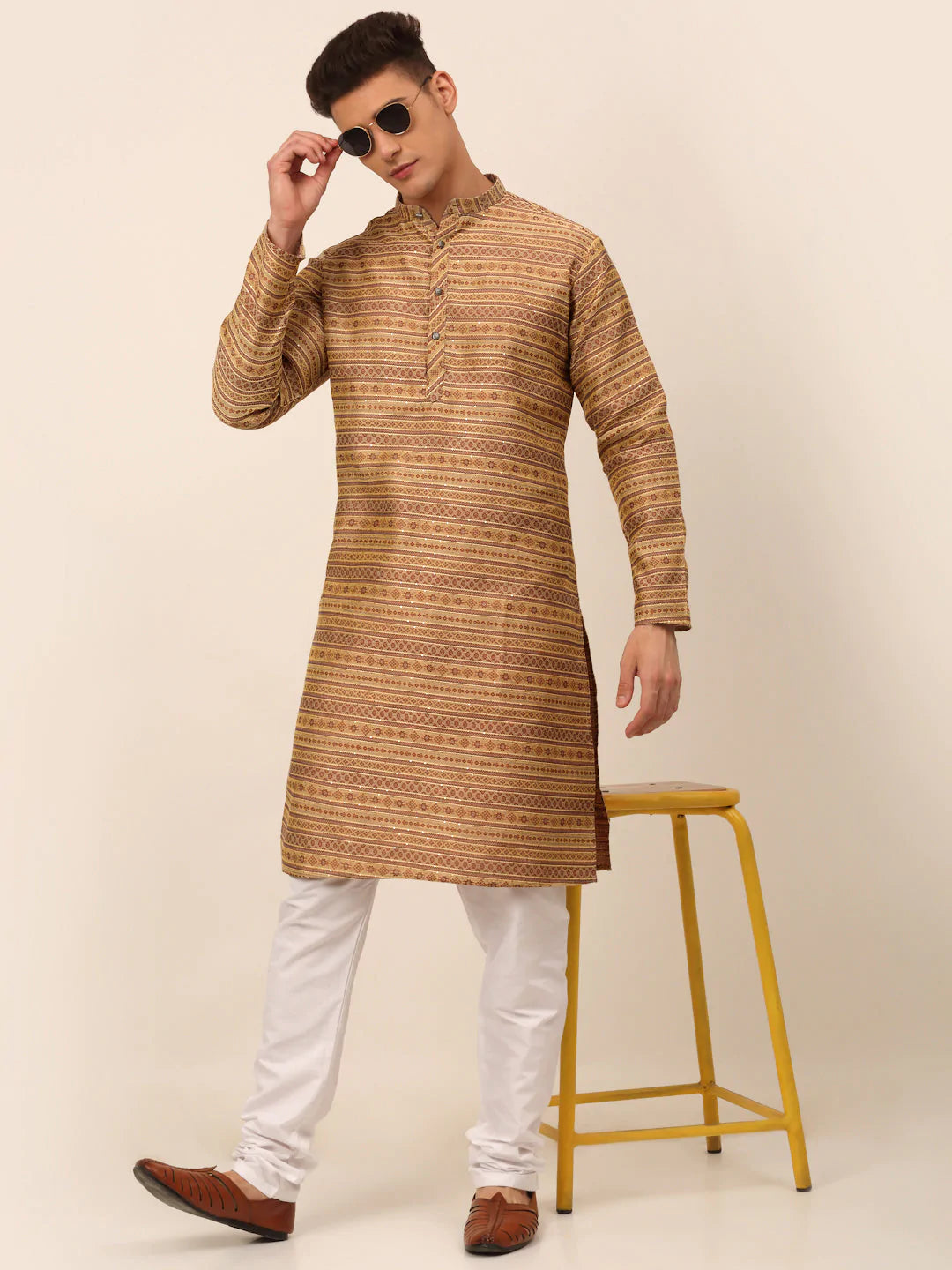 Jompers Men's Sequinned Kurta with Churidar - Brown - Distacart