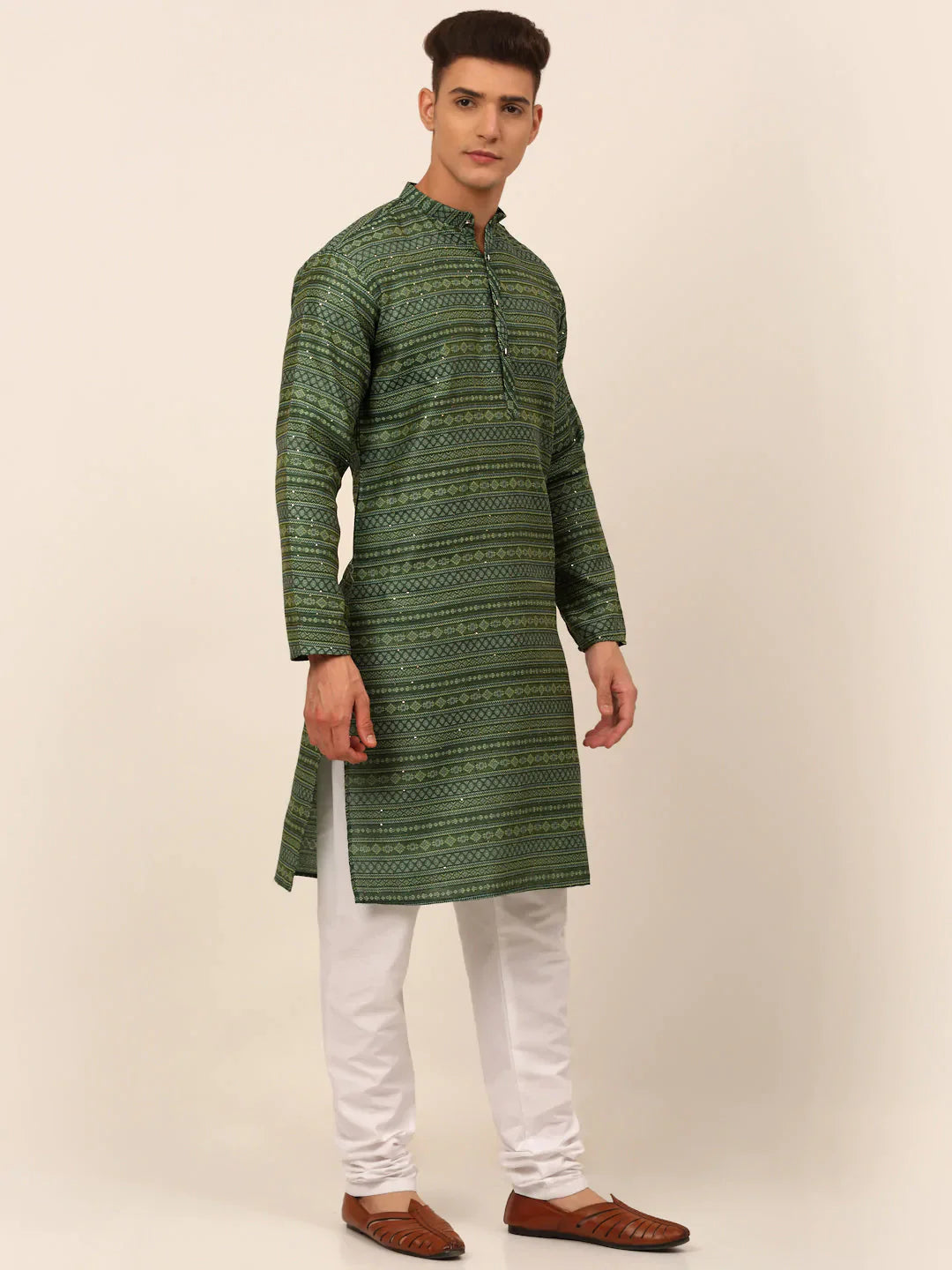 Jompers Men's Printed Sequinned Kurta Only - Green - Distacart