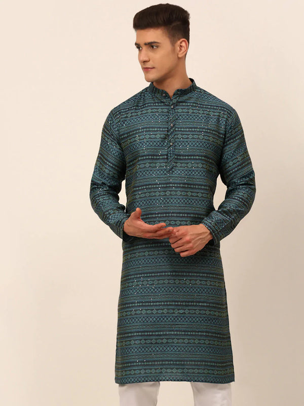 Jompers Men's Printed Sequinned Kurta Only - Teal - Distacart