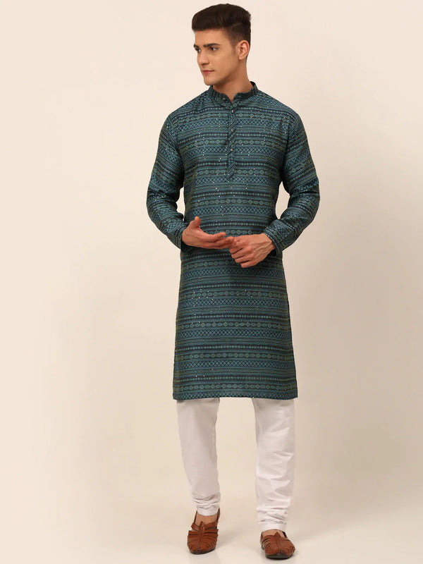 Jompers Men's Printed Sequinned Kurta with Churidar - Teal - Distacart