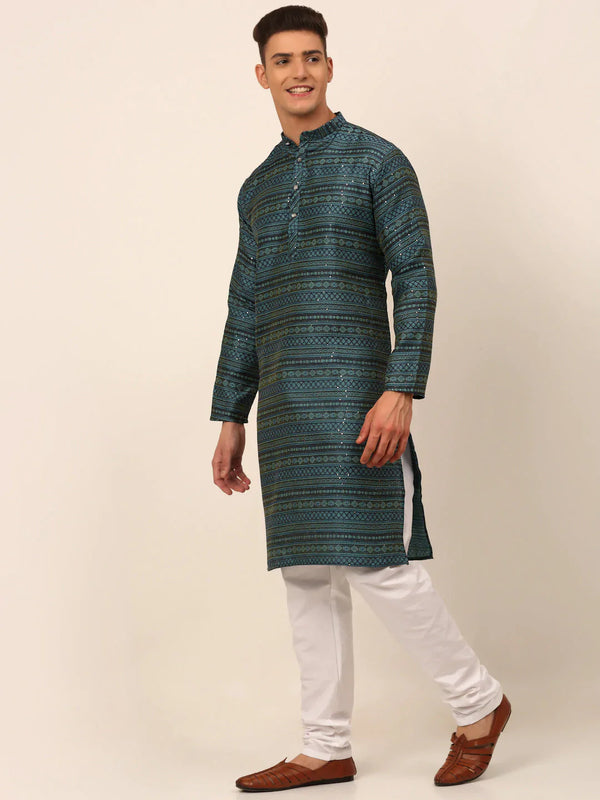 Jompers Men's Printed Sequinned Kurta with Churidar - Teal - Distacart