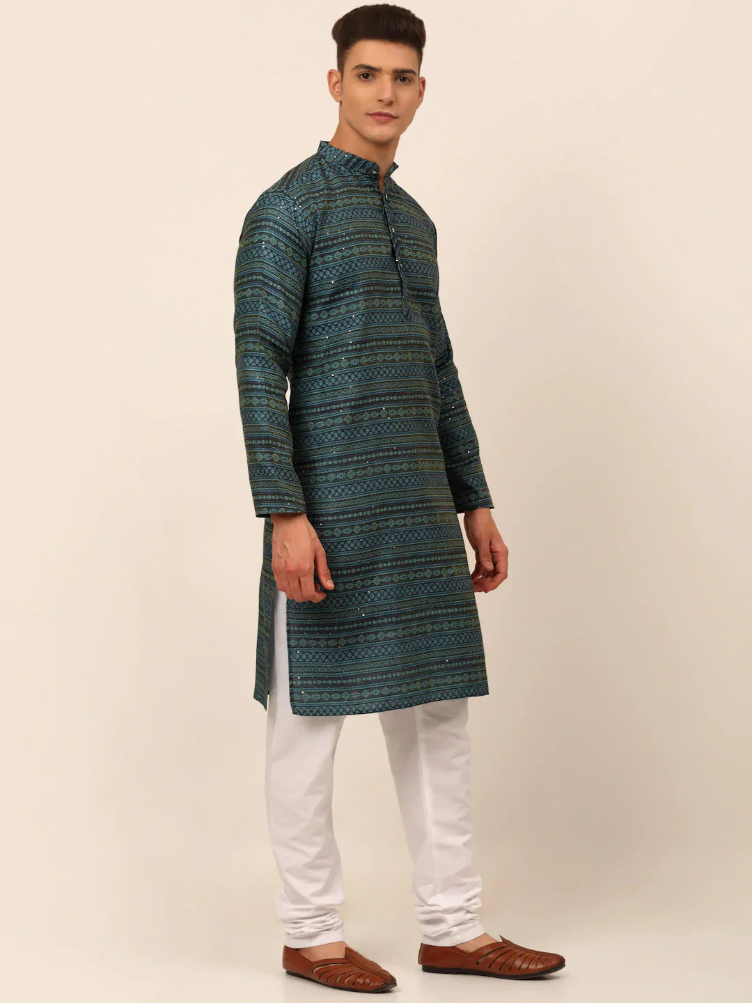 Jompers Men's Printed Sequinned Kurta Only - Teal - Distacart