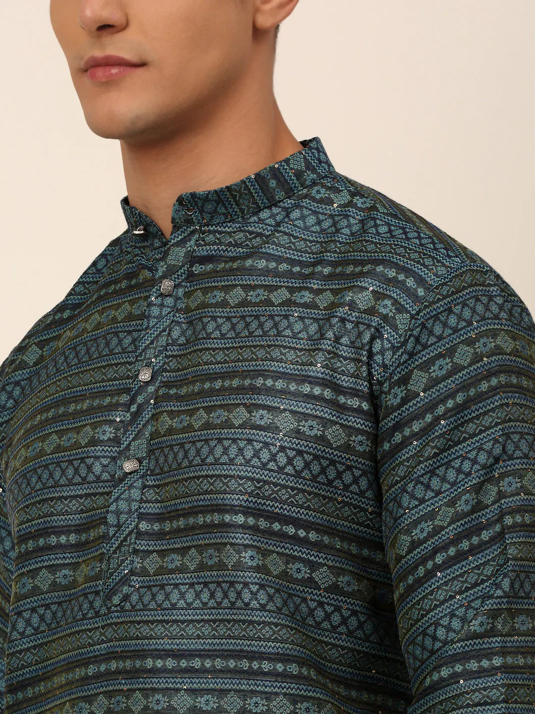 Jompers Men's Printed Sequinned Kurta with Churidar - Teal - Distacart