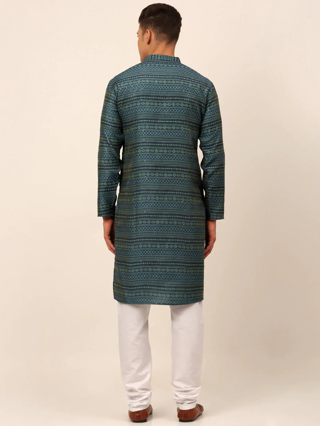 Jompers Men's Printed Sequinned Kurta with Churidar - Teal - Distacart