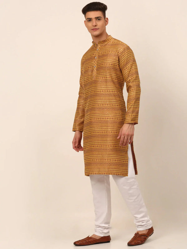 Jompers Men's Printed Sequinned Kurta with Churidar - Yellow - Distacart