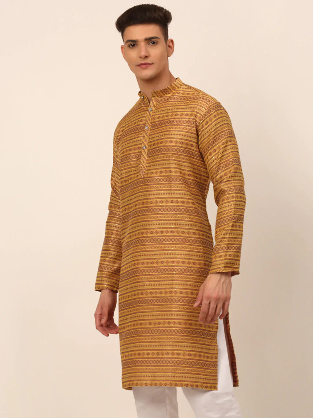 Jompers Men's Printed Sequinned Kurta Only - Yellow - Distacart