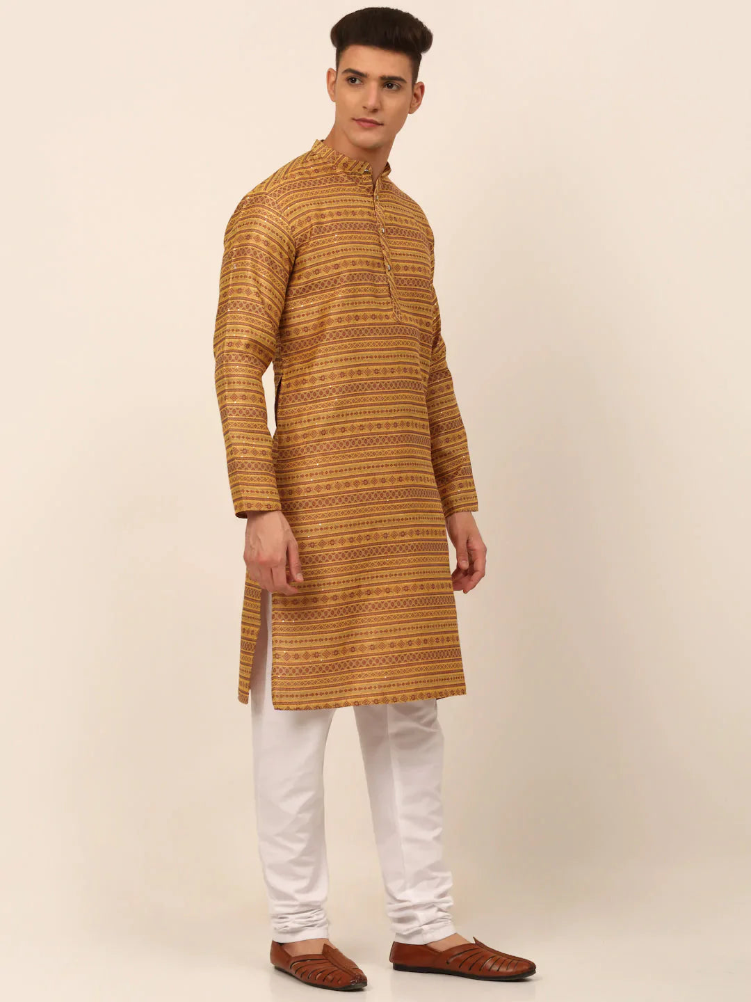 Jompers Men's Printed Sequinned Kurta with Churidar - Yellow - Distacart