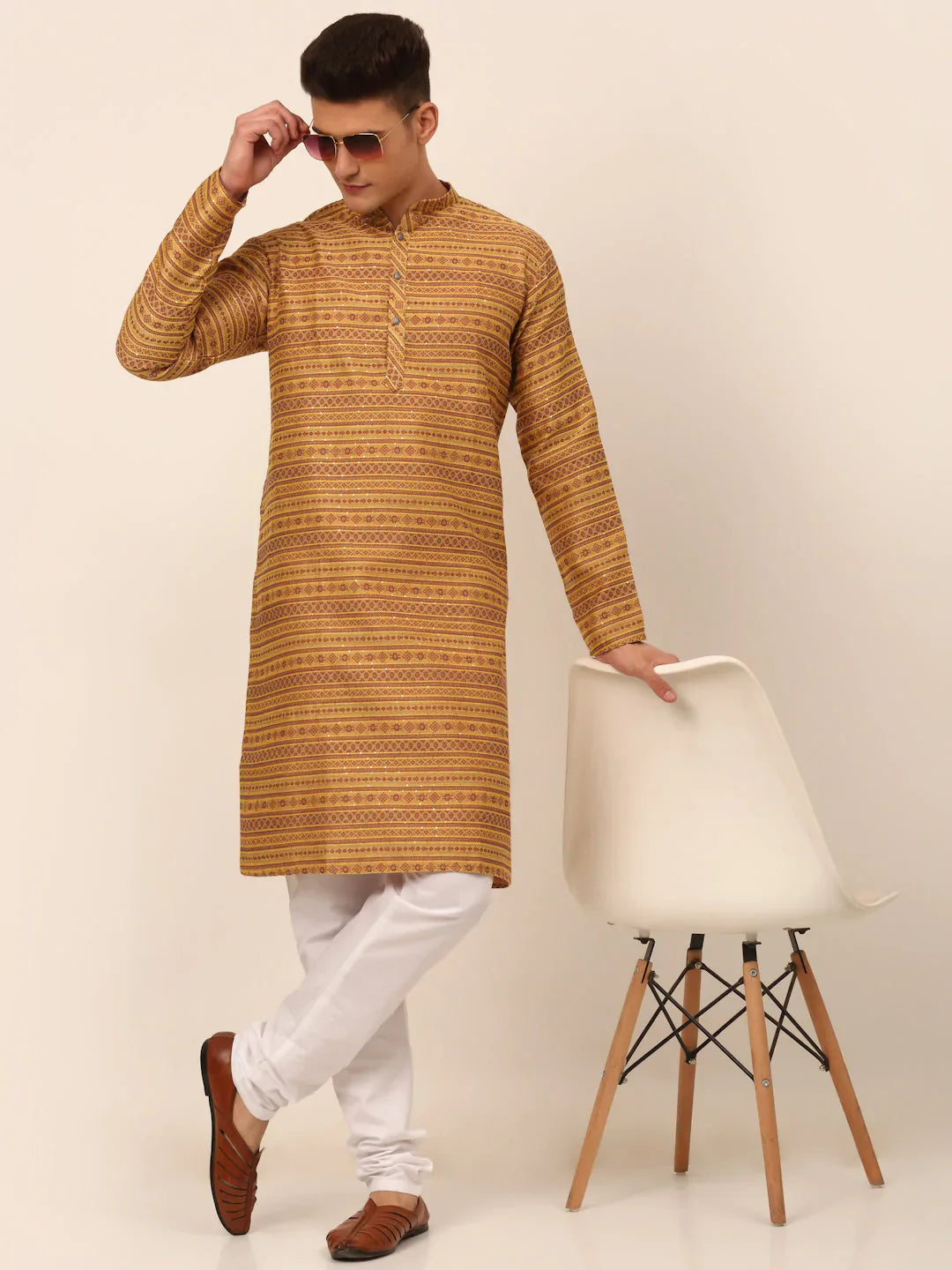 Jompers Men's Printed Sequinned Kurta with Churidar - Yellow - Distacart
