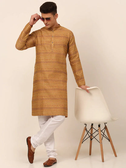 Jompers Men's Printed Sequinned Kurta with Churidar - Yellow - Distacart