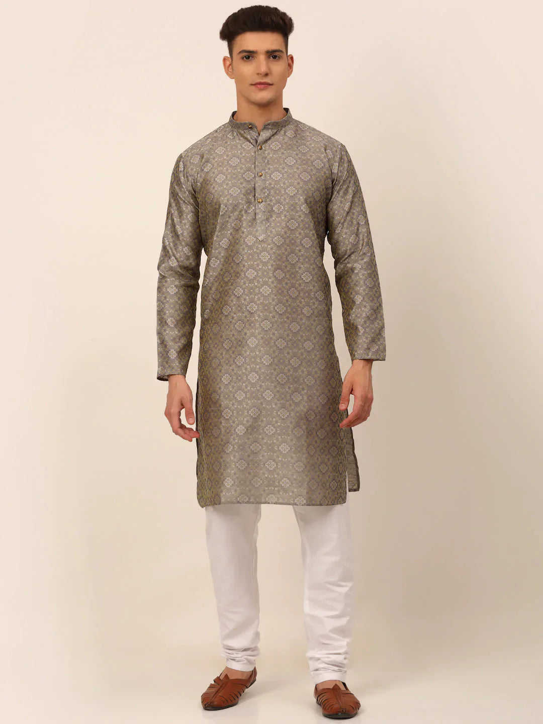 Jompers Men's Grey Floral Printed Kurta with Churidar - Distacart