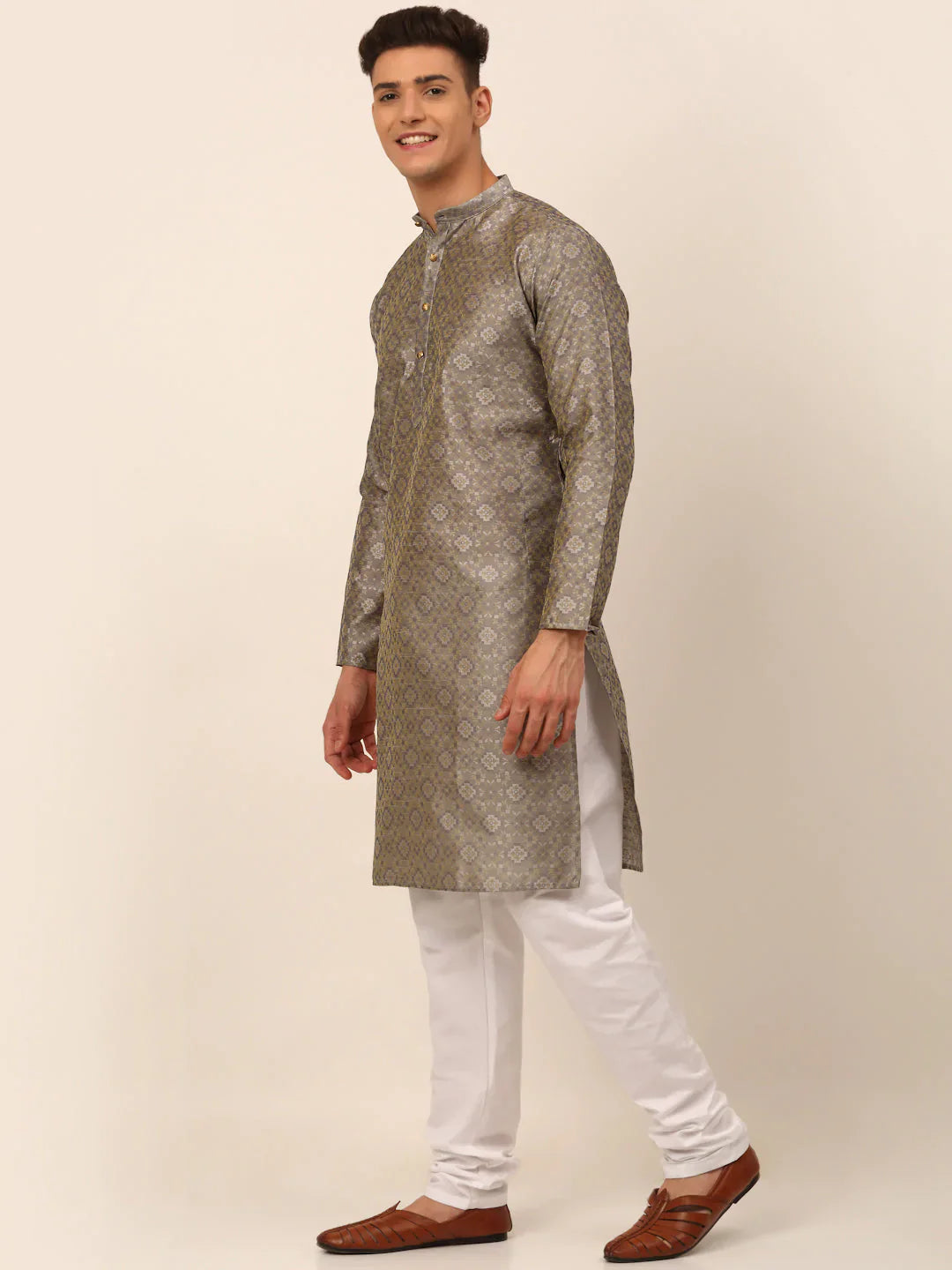 Jompers Men's Grey Floral Printed Kurta with Churidar - Distacart
