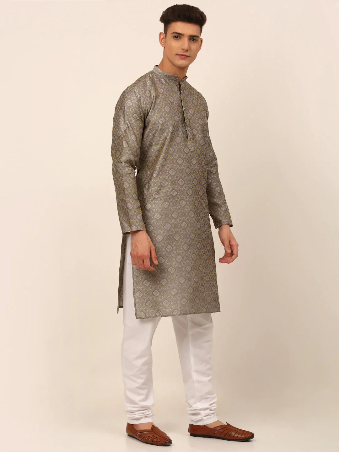 Jompers Men's Grey Floral Printed Kurta with Churidar - Distacart
