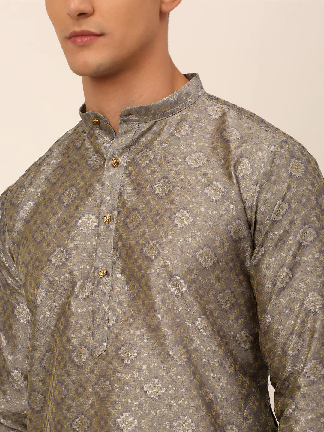 Jompers Men's Grey Floral Printed Kurta with Churidar - Distacart