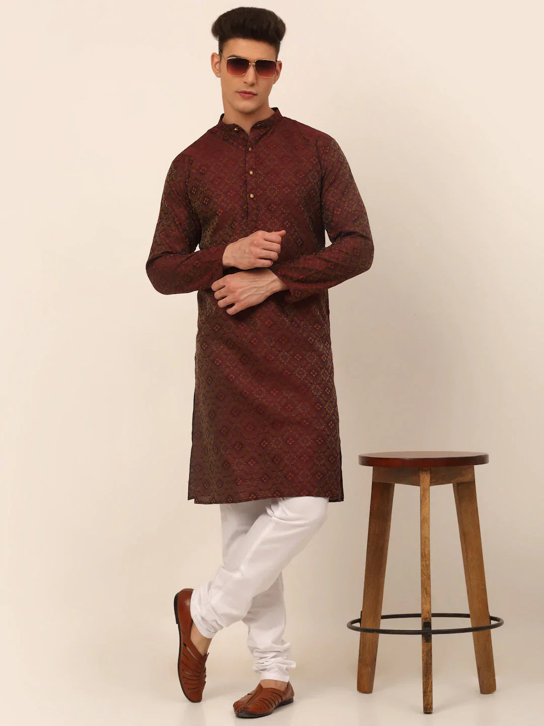Jompers Men's Maroon Floral Printed Kurta with Churidar - Distacart
