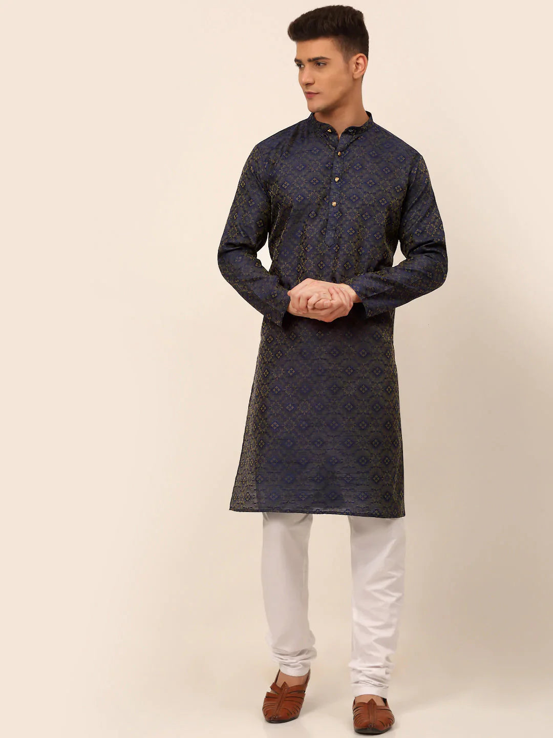 Jompers Men's Navy Blue Floral Printed Kurta with Churidar - Distacart
