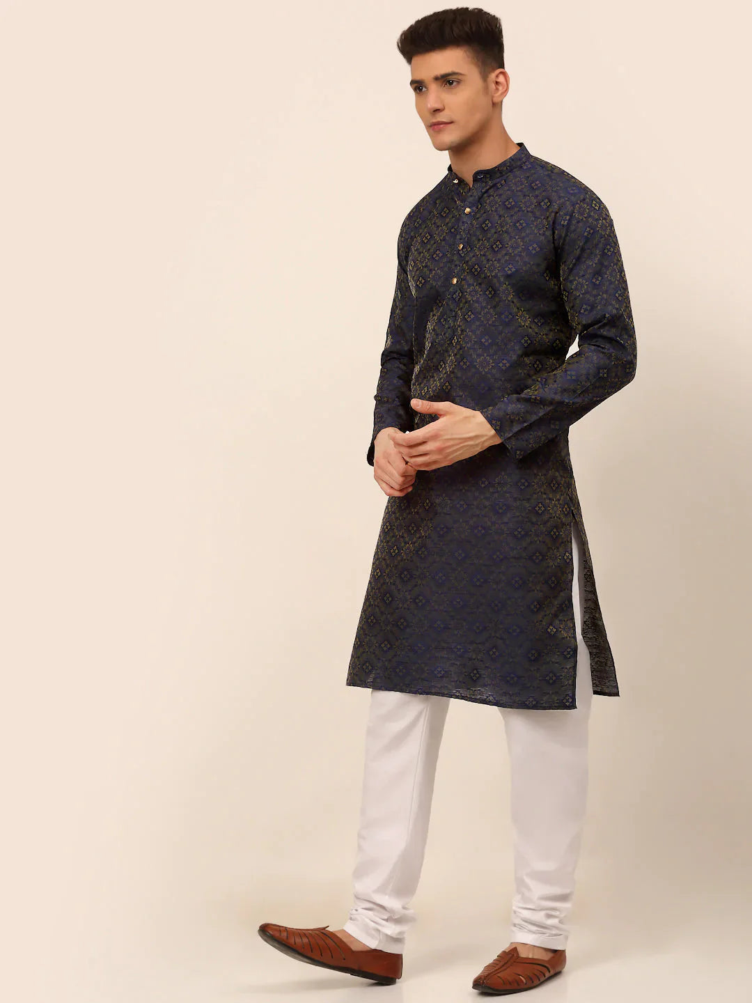 Jompers Men's Navy Blue Floral Printed Kurta with Churidar - Distacart