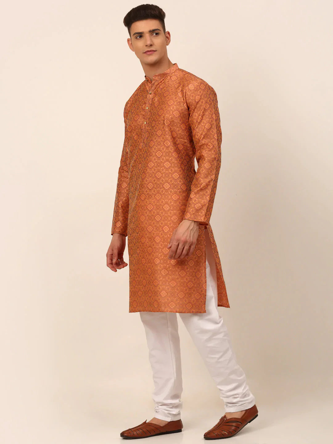 Jompers Men's Peach Floral Printed Kurta with Churidar - Distacart