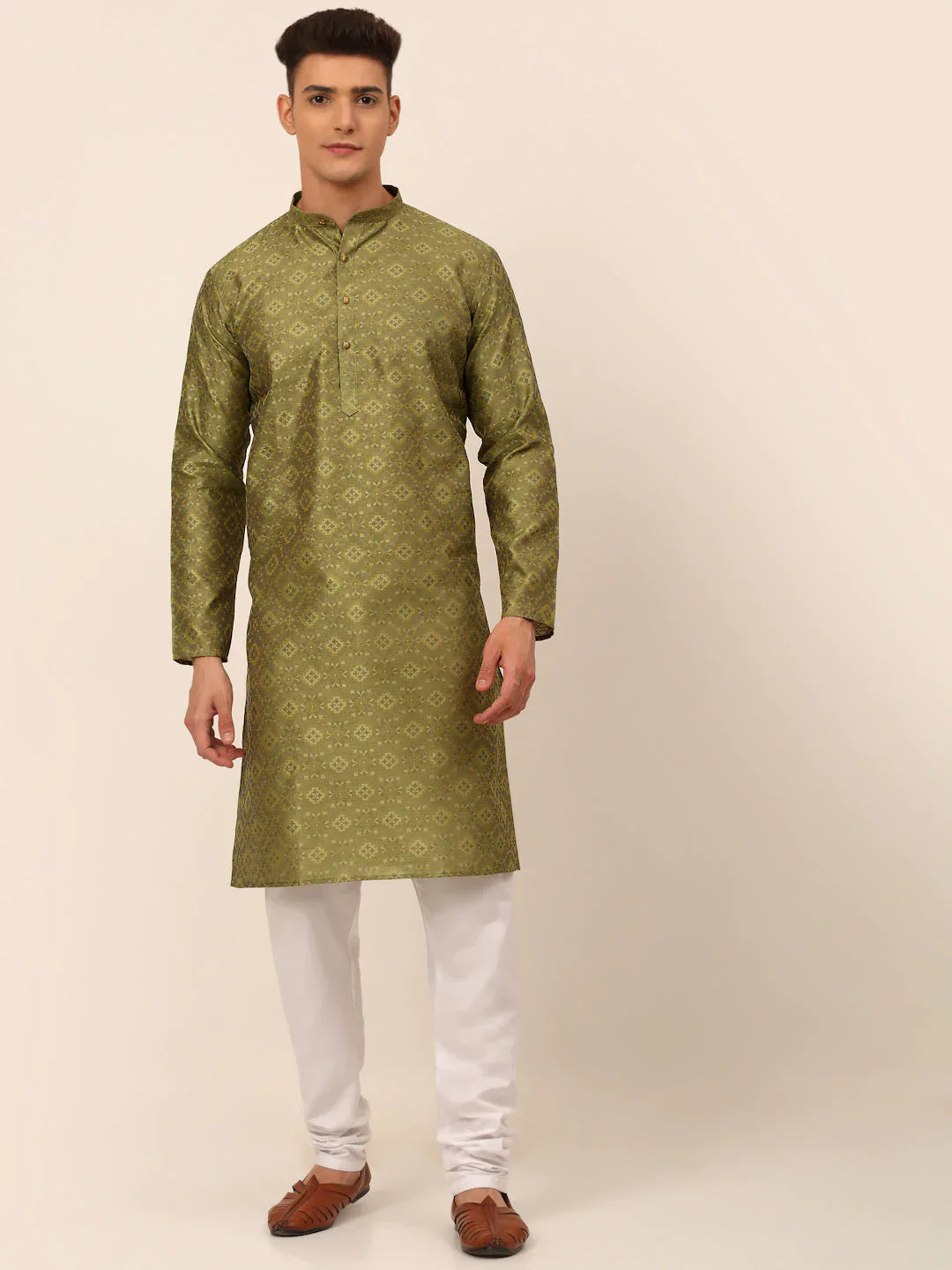 Jompers Men's Pista Green Floral Printed Kurta with Churidar - Distacart