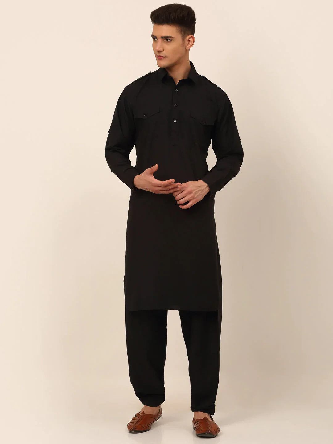 Jompers Men's Black Cotton Solid Pathani Kurta with Salwar - Distacart