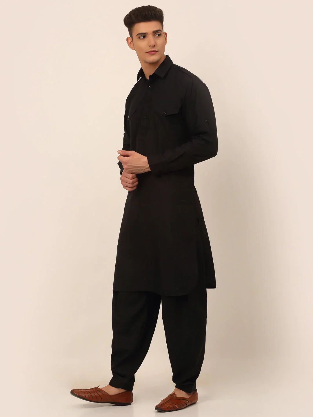 Jompers Men's Black Cotton Solid Pathani Kurta with Salwar - Distacart