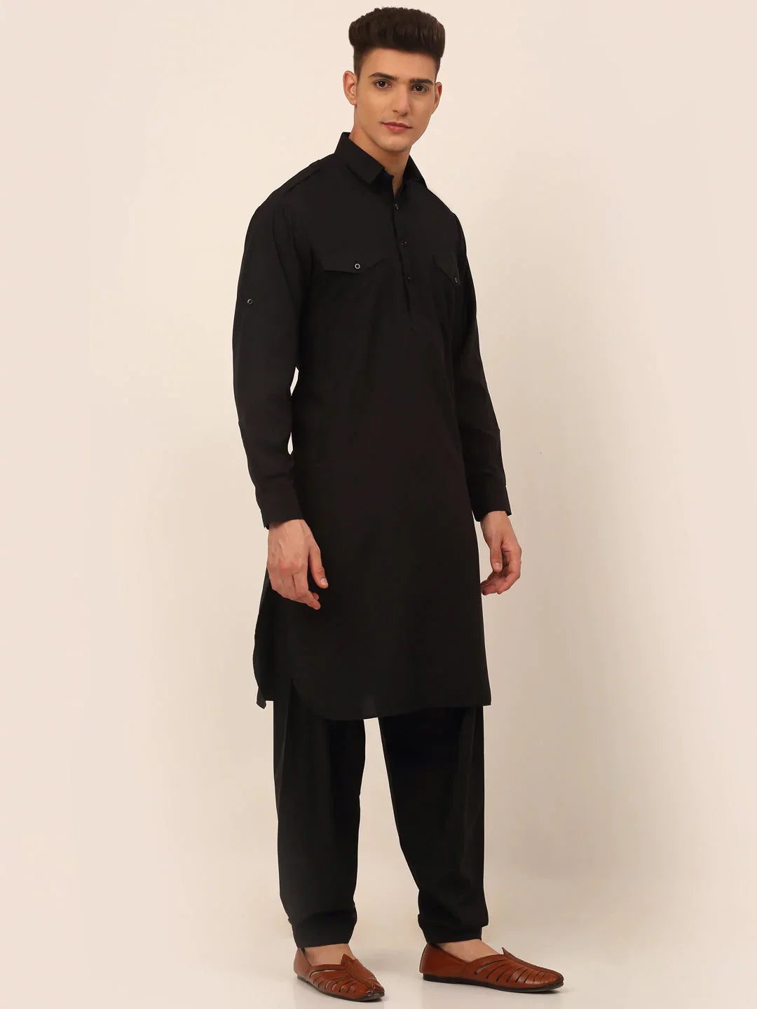 Jompers Men's Black Cotton Solid Pathani Kurta with Salwar - Distacart