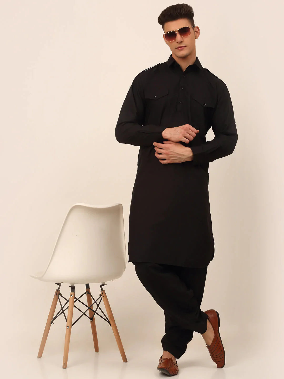 Jompers Men's Black Cotton Solid Pathani Kurta with Salwar - Distacart
