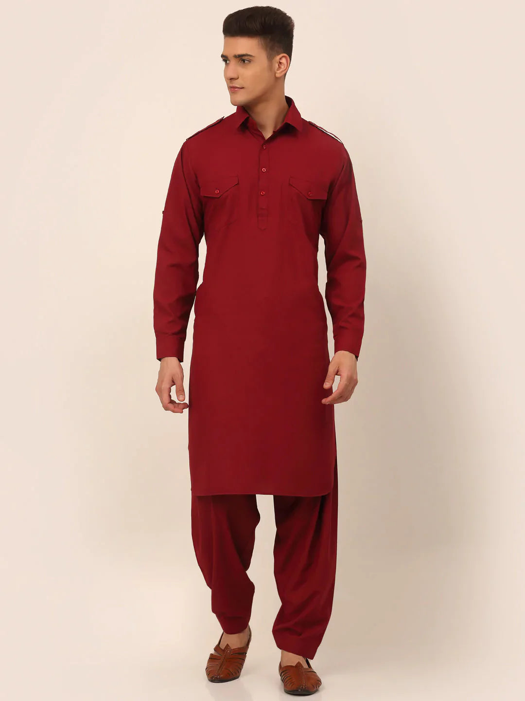 Jompers Men's Maroon Cotton Solid Pathani Kurta with Salwar - Distacart