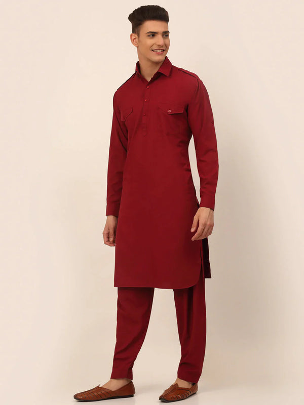 Jompers Men's Maroon Cotton Solid Pathani Kurta with Salwar - Distacart