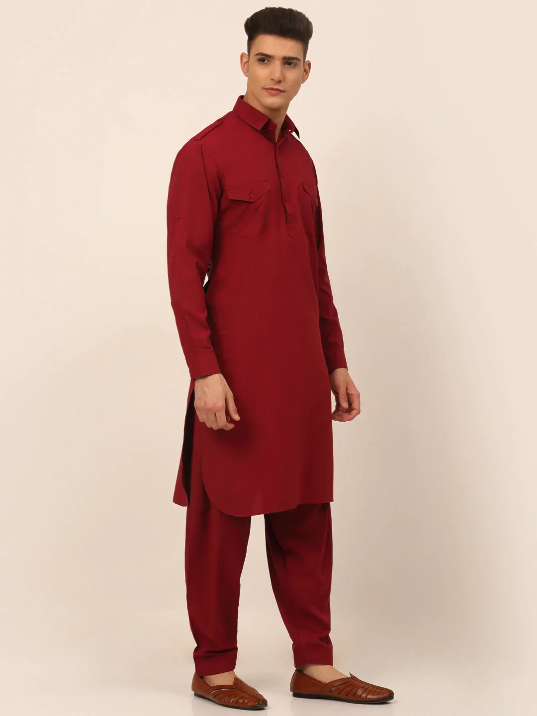 Jompers Men's Maroon Cotton Solid Pathani Kurta with Salwar - Distacart