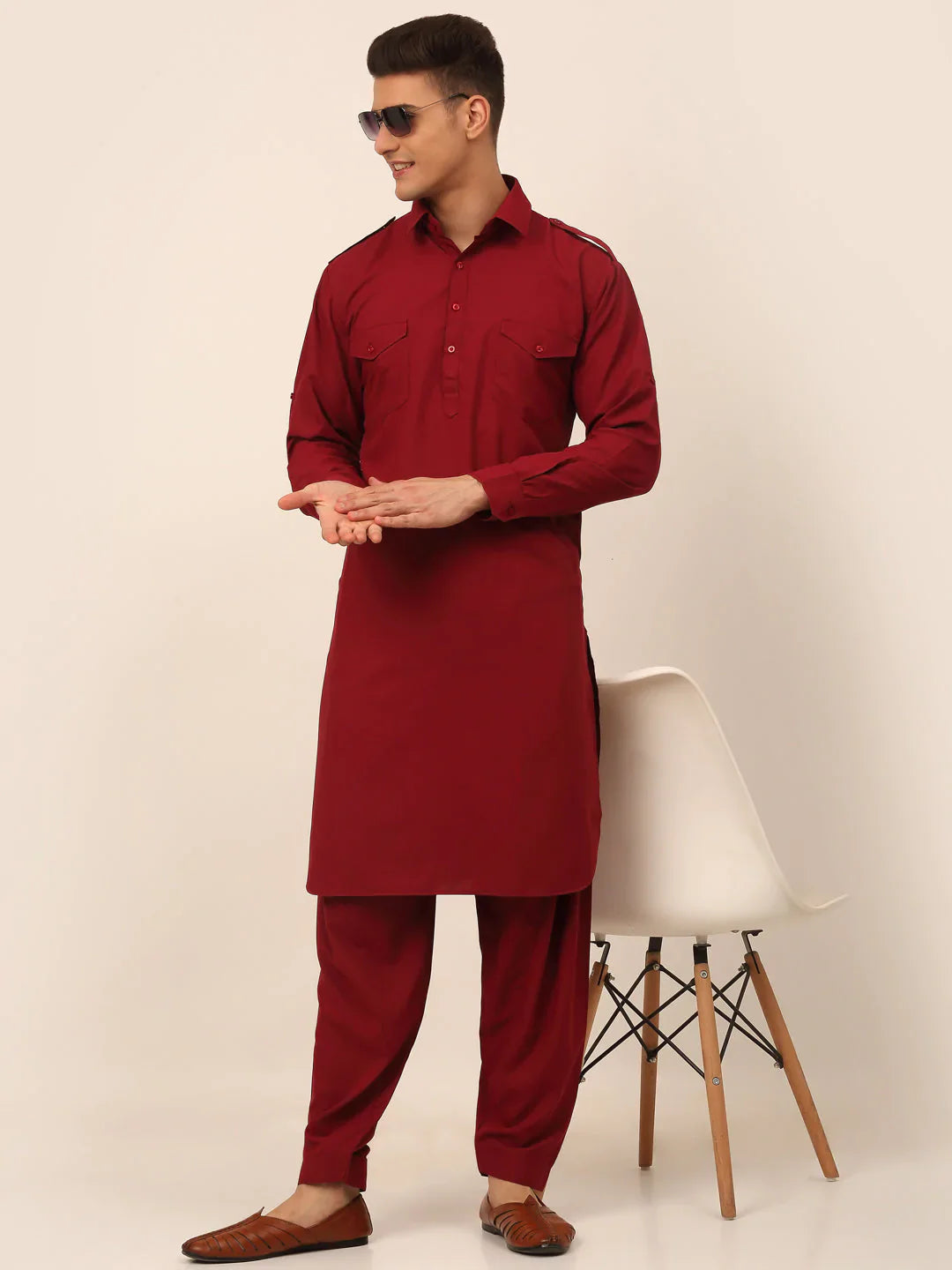 Jompers Men's Maroon Cotton Solid Pathani Kurta with Salwar - Distacart