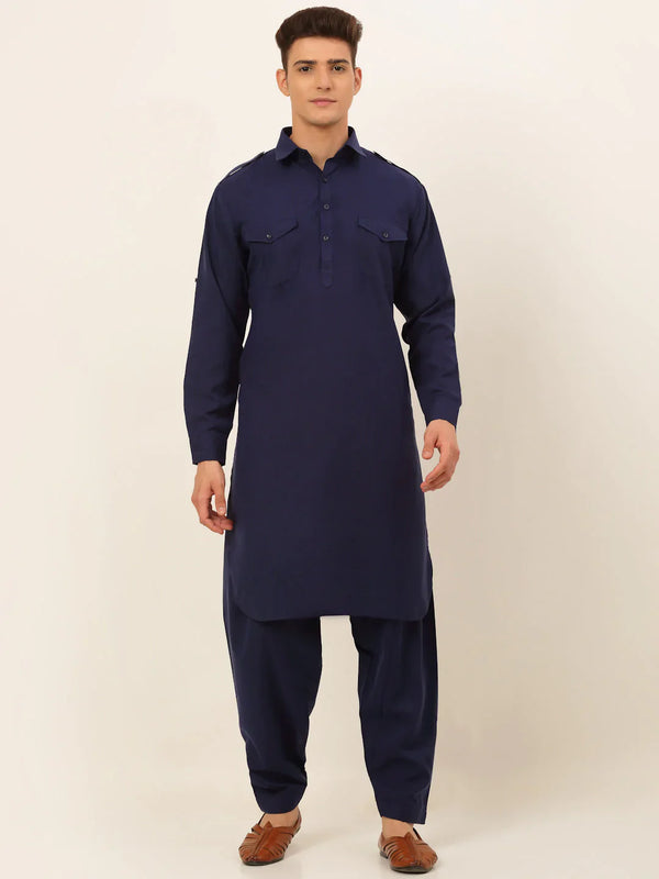Jompers Men's Navy Cotton Solid Pathani Kurta with Salwar - Distacart