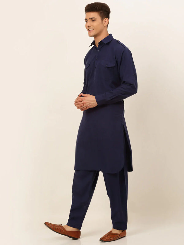 Jompers Men's Navy Cotton Solid Pathani Kurta with Salwar - Distacart