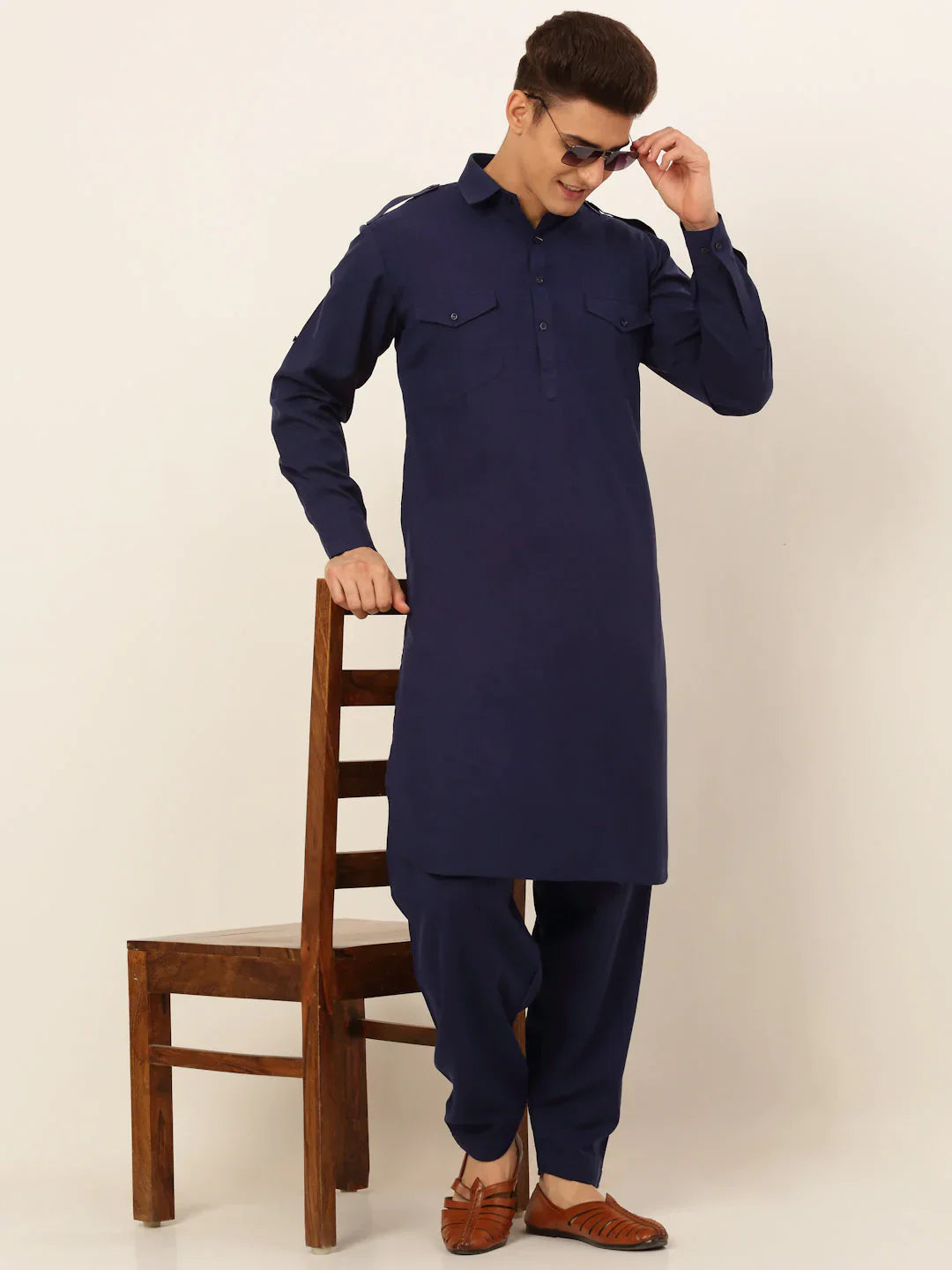 Jompers Men's Navy Cotton Solid Pathani Kurta with Salwar - Distacart