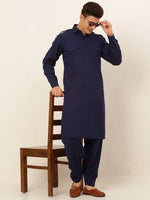 Thumbnail for Jompers Men's Navy Cotton Solid Pathani Kurta with Salwar - Distacart