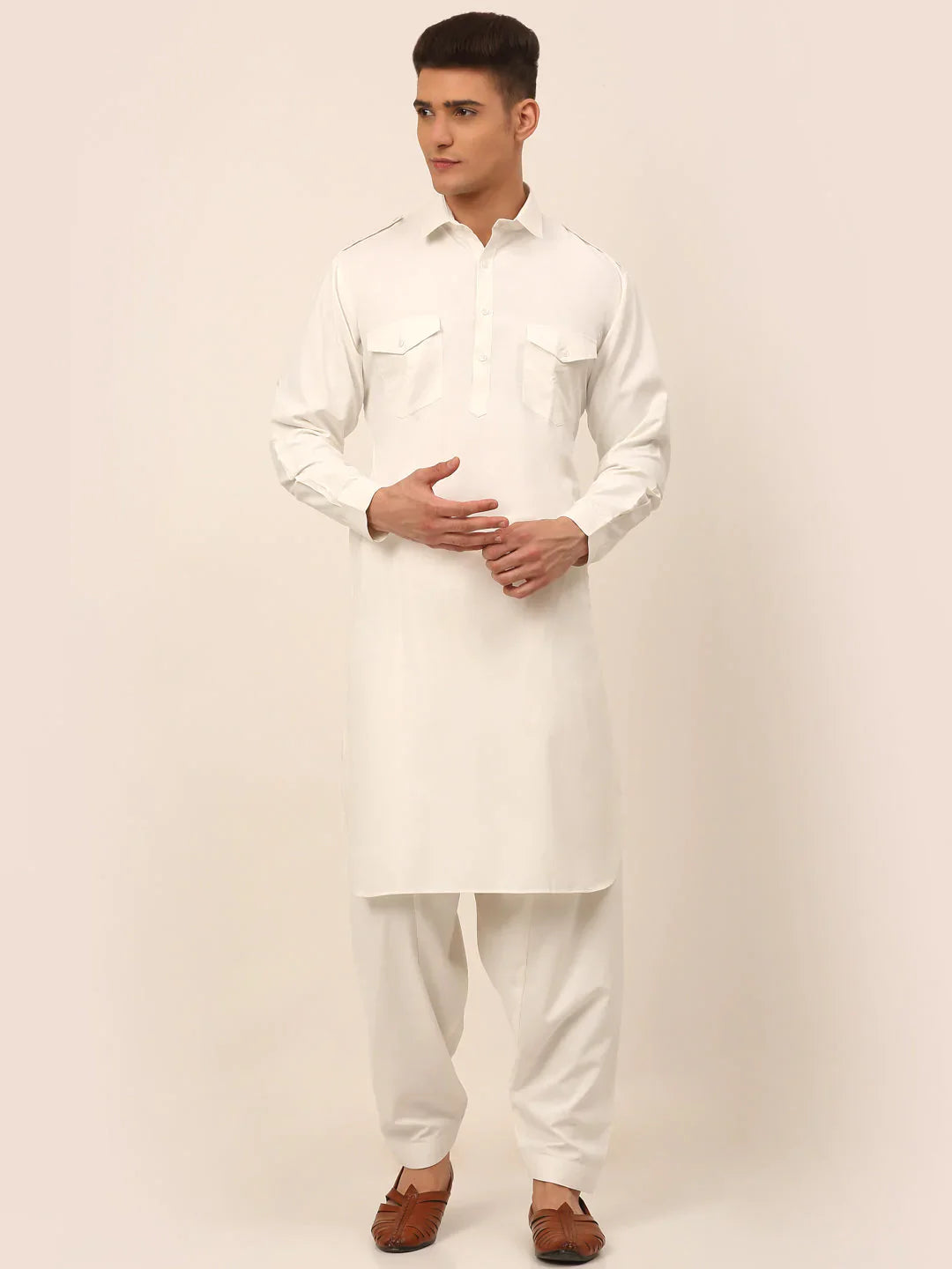 Jompers Men's White Cotton Solid Pathani Kurta with Salwar - Distacart