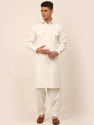 Jompers Men's White Cotton Solid Pathani Kurta with Salwar - Distacart
