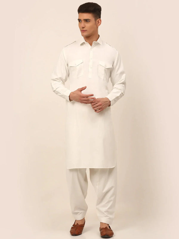 Jompers Men's White Cotton Solid Pathani Kurta with Salwar - Distacart