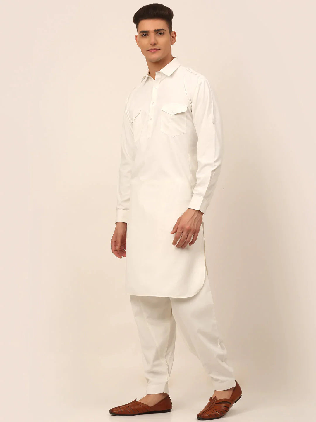 Jompers Men's White Cotton Solid Pathani Kurta with Salwar - Distacart