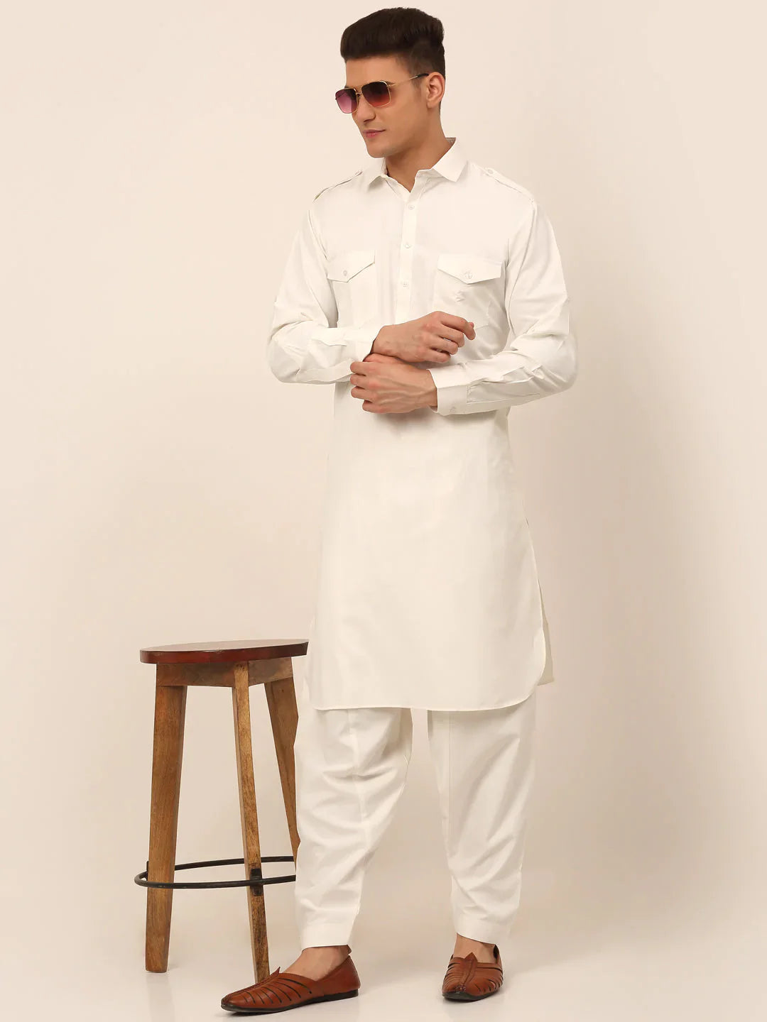 Jompers Men's White Cotton Solid Pathani Kurta with Salwar - Distacart