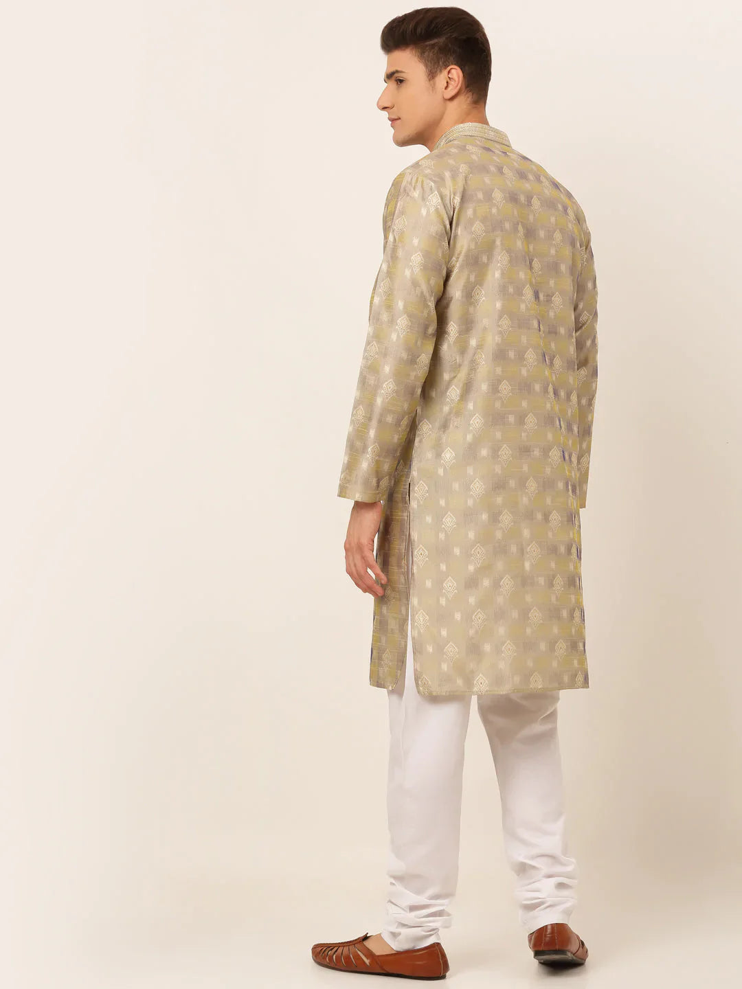 Jompers Men's Beige Collar Embroidered Woven Design Kurta Pajama - Distacart