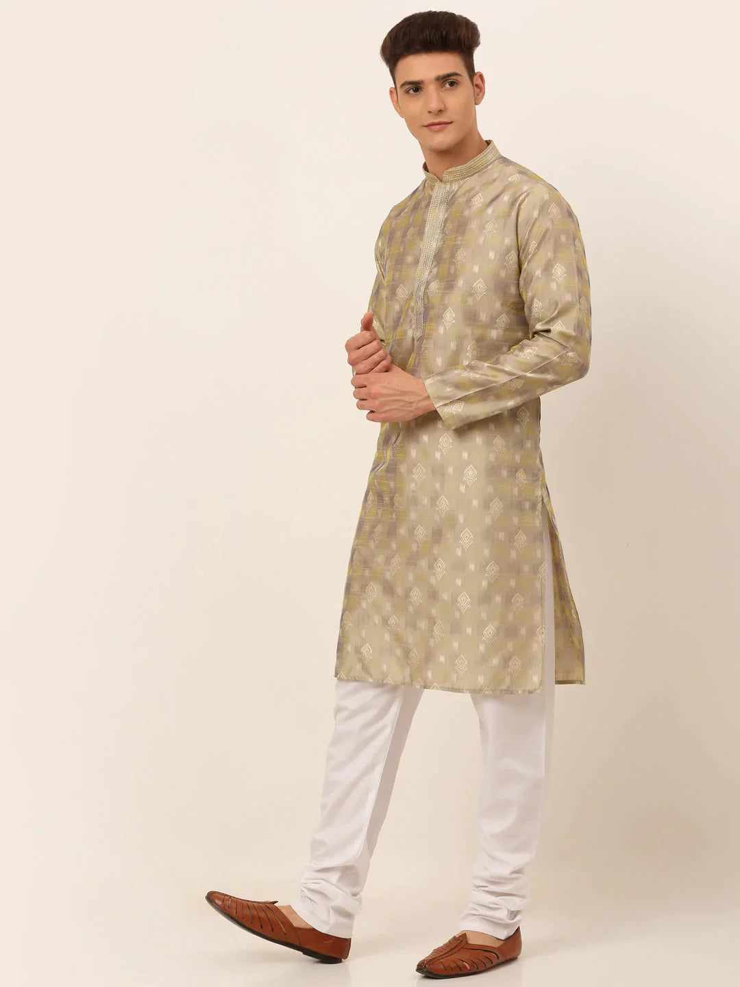 Jompers Men's Beige Collar Embroidered Woven Design Kurta Pajama - Distacart